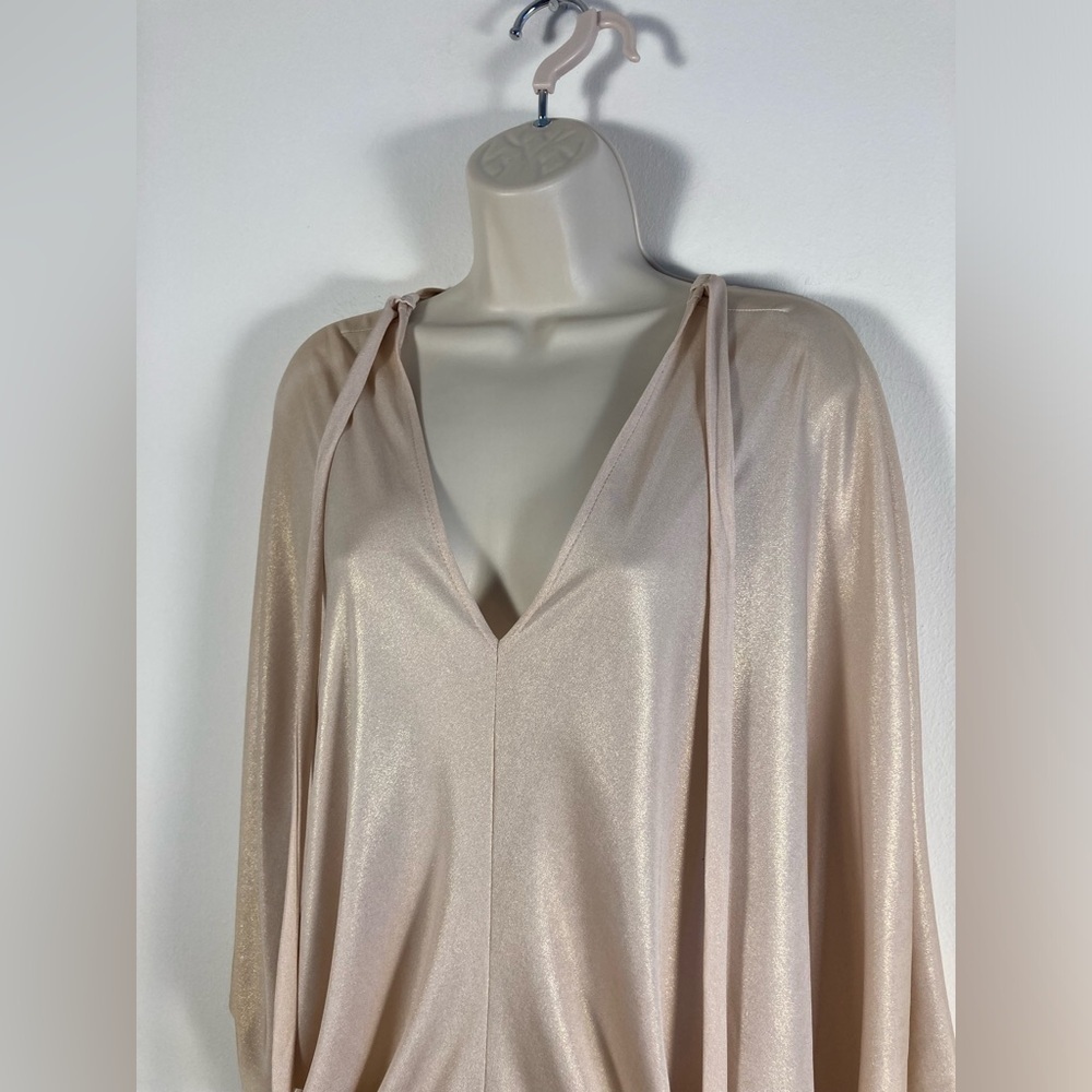 Julian Chang Tunic Top XL Champagne Shimmer Dolman Sleeve Tie Neck - Picture 2 of 10